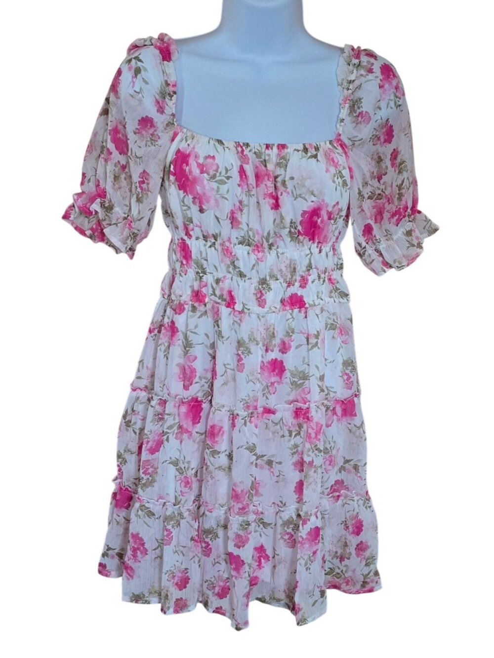 Floral Tiered Mini Dress With Puff Sleeves & Square Neckline peasant cottagecore